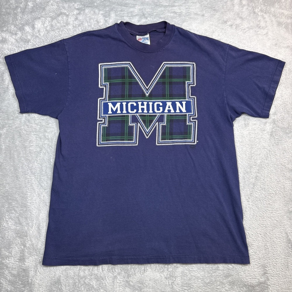 Vintage University of Michigan Shirt Men Large Blue Plaid M Distressed Faded 90s